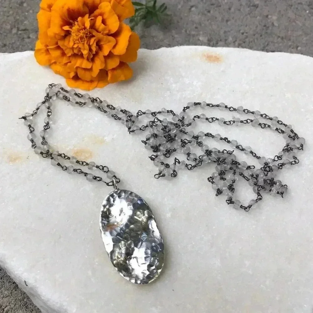 Crystal Quartz Long Necklace, Thai Hilltribe Silver Pendant, Hammered Silver - Picture 3 of 3